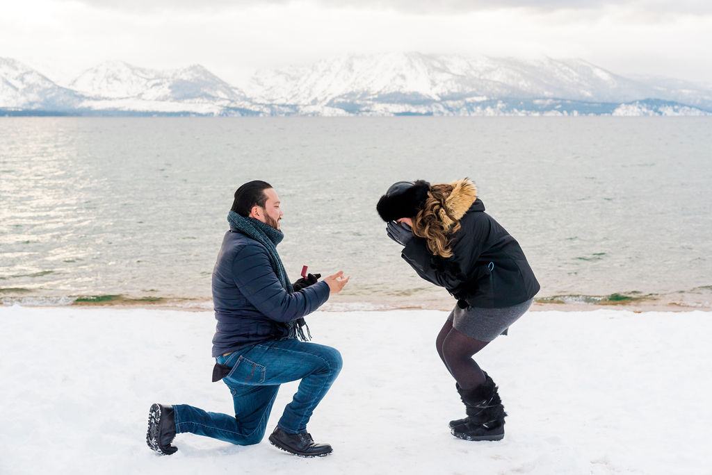 Winter proposal in Lake Tahoe on the shoreline